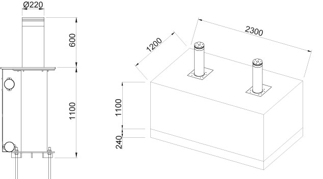 Комплект на основе 2 автоматических боллардов ТБД (серия регулирования движения) с дополнительными аксессуарами